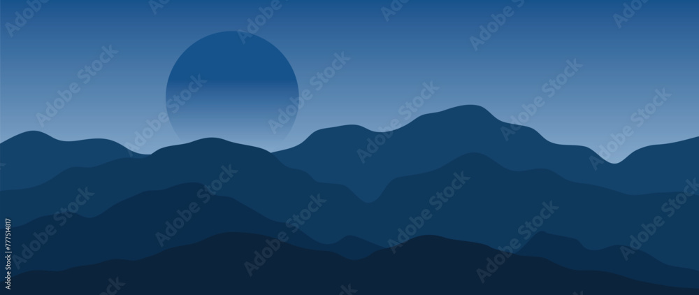 Mountain minimal background vector. Abstract landscape hills with blue color, night time, sunrise, moon. Nature view illustration design for home decor, wallpaper, prints, banner, interior decor.