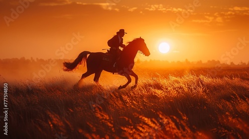 A cowboy riding a horse through a field of tall grass. The sun is setting in the background, casting a warm glow over the scene