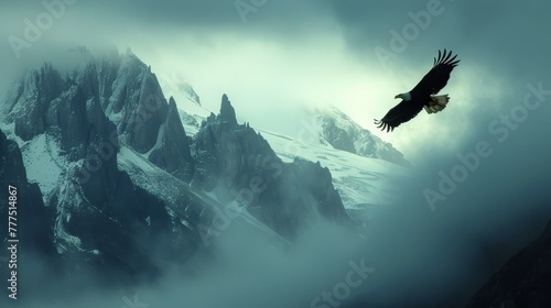 A large eagle is flying over a mountain range. The sky is cloudy and the mountains are covered in snow. The eagle is soaring high above the mountains, creating a sense of freedom and majesty photo