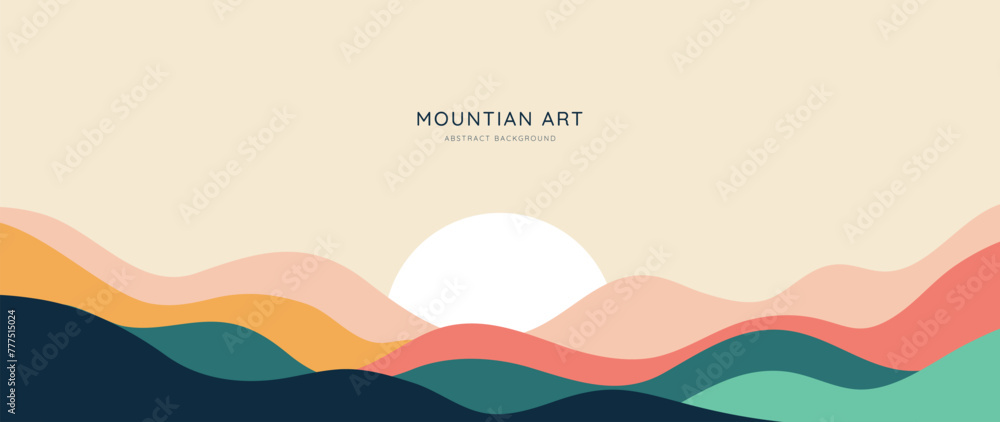 Naklejka premium Mountain minimal background vector. Abstract landscape hills with earth tone, sunrise, moon. Nature view illustration design for home decor, wallpaper, prints, banner, interior decor.