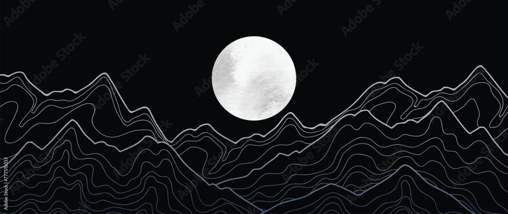 Obraz premium Mountain Hand drawn background vector. Minimal landscape art with line art and moon watercolor. Abstract art wallpaper illustration for prints, Decoration, interior decor, wall arts, canvas prints.