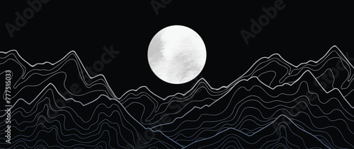 Mountain Hand drawn background vector. Minimal landscape art with line art and moon watercolor. Abstract art wallpaper illustration for prints, Decoration, interior decor, wall arts, canvas prints.
