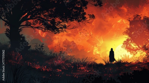 A person stands in a field of fire, with a tree in the background. The sky is orange and the sun is setting