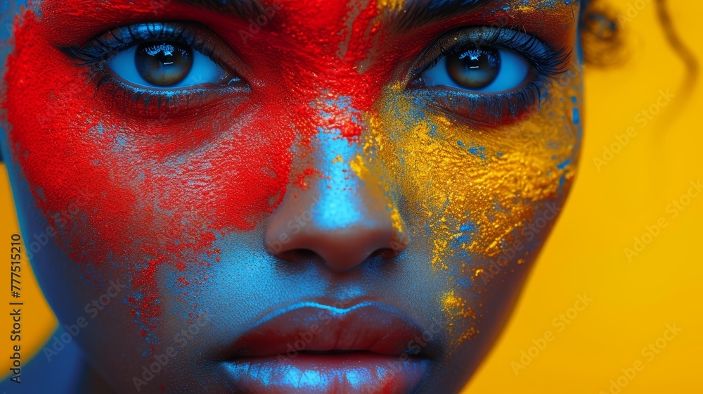 A women's face in tight focus, painted with yellow and red hues against a sunlit yellow backdrop A women's face in tight focus, painted with yellow and red hues against a sunlit yellow backdrop