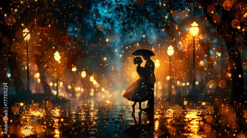A couple is standing under an umbrella in the rain. The scene is set in a city at night, with lights shining on the wet ground. Scene is romantic and intimate