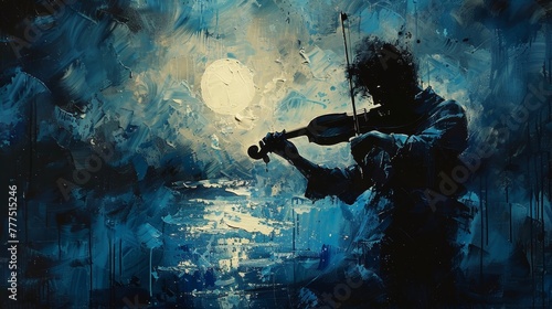 A man playing a violin in front of a moonlit lake. The painting has a mood of serenity and calmness