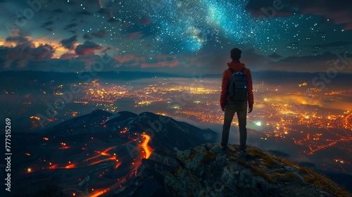 A man is standing on a mountain top, looking out at a city below. The sky is filled with stars and the city is lit up with lights
