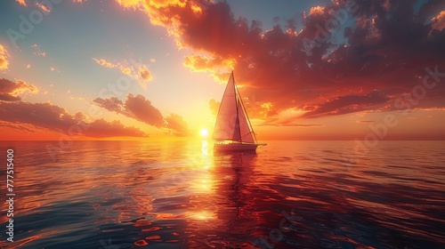 A sailboat is sailing in the ocean at sunset. The sky is filled with clouds and the sun is setting, creating a beautiful and serene atmosphere