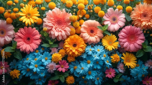  orange, pink, blue, and yellow blooms in the backdrop