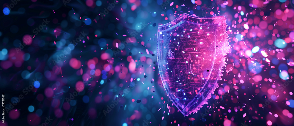 Abstract background with digital shield made of data particles glowing pink blocking against cyber attacks. Concept of cyber security technology and protection in network or system. AI technology. - obrazy, fototapety, plakaty 