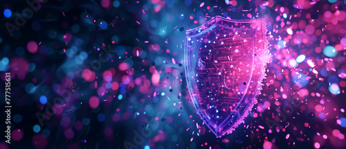 Abstract background with digital shield made of data particles glowing pink blocking against cyber attacks. Concept of cyber security technology and protection in network or system. AI technology.