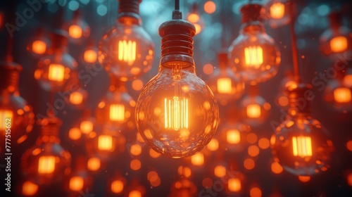   A room is filled with light bulbs suspended from an orange-blue ceiling, emitting warm orange and soothing blue hues