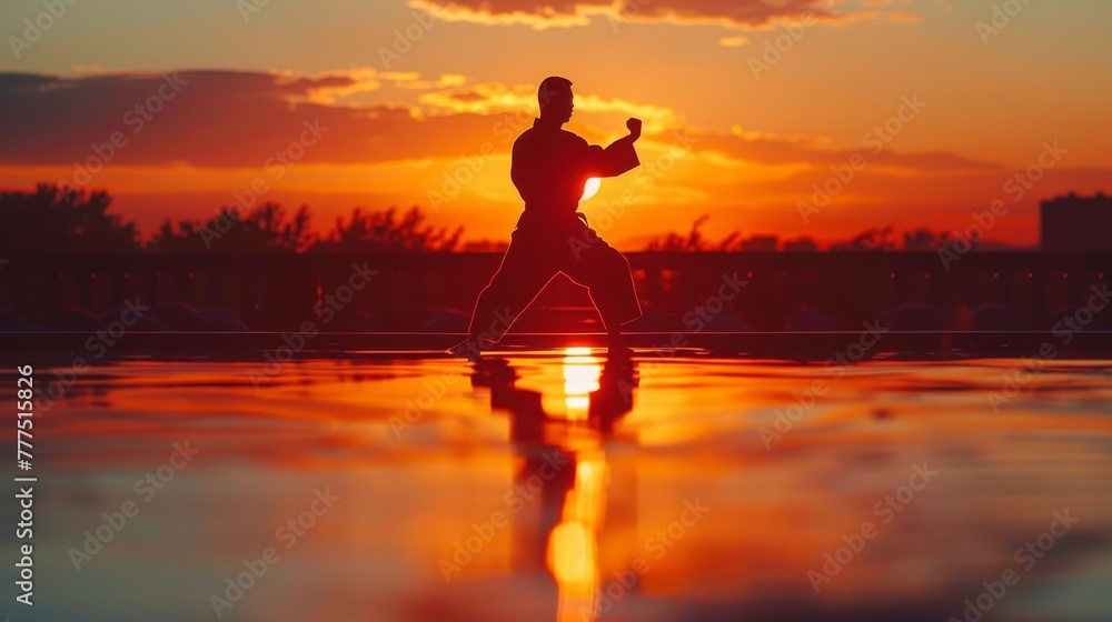 A man is practicing karate in the water at sunset. The water is calm and the sky is orange
