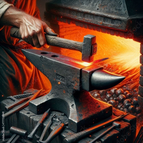 Iron anvil lit by red hot furness coals, with hammer and tools
 photo