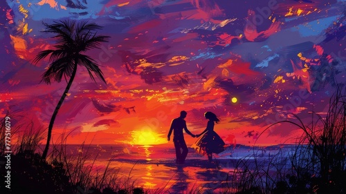 A couple is walking on the beach at sunset. The sky is filled with vibrant colors, and the palm trees in the background add a tropical touch to the scene. Scene is romantic and serene © Rattanathip