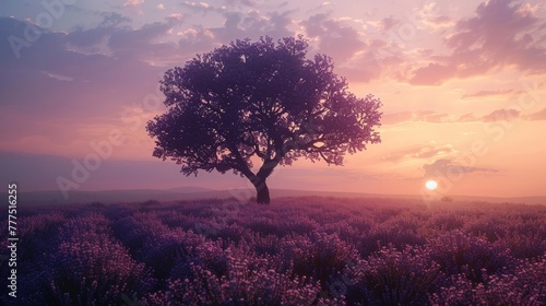A tree stands in a field of purple flowers. The sky is a mix of pink and orange hues, creating a serene and peaceful atmosphere © Rattanathip