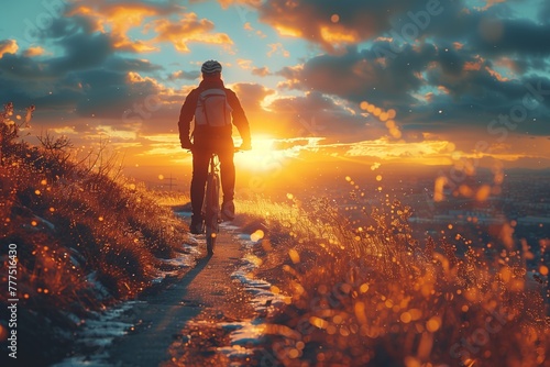 Hiker enjoying sunset on a mountain trail