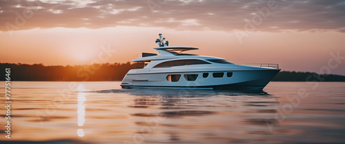 Cinematic shot of a luxury yacht, white in color with black details, with two floors and large windows, on the water in a summer evening with daylight in a low angle view