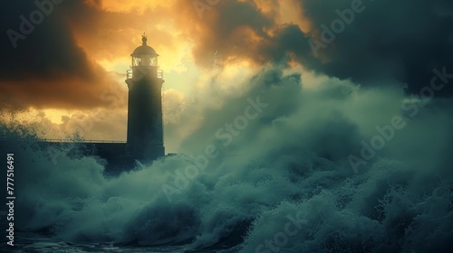 A lighthouse is in the middle of a stormy sea. The waves are crashing against the rocks and the lighthouse is barely visible. Scene is one of danger and uncertainty