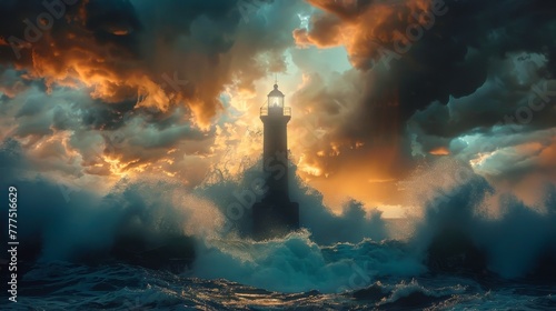 A lighthouse is shown in the midst of a stormy sea. The waves are crashing against the rocks, and the lighthouse is barely visible. Scene is one of danger and uncertainty