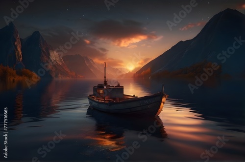Old wooden boat on lake, beautiful evening sky and mountains.
