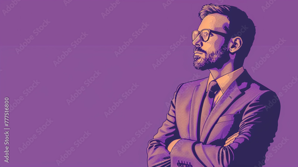 Fototapeta premium A charismatic man is thinking and working in an environment of modern technology and AI. Copy-space style with a purple background.