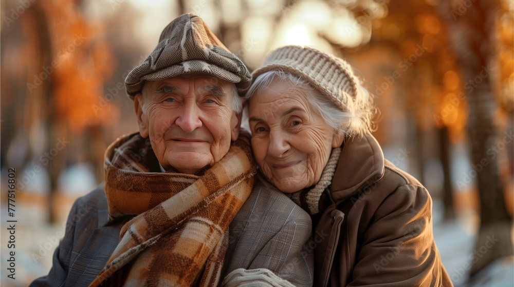 elderly couple With a clear and warm, romantic expression of love in winter, reflecting the love of the elderly in retirement. elderly couple With a clear and warm, romantic expression of love in winter, reflecting the love of the elderly in retirement.