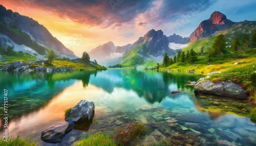 The serene beauty of a secluded mountain lake at dawn photo