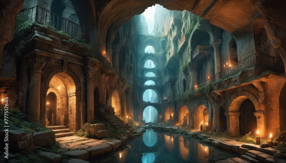 Serene ancient ruins, with arches and columns standing over still water, illuminated by ethereal light and scattered candles, evoke a sense of forgotten history and myth.. AI Generation