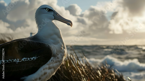 Close-up of an Albatross in motion, its feathers ruffled by the wind against a blurred seascape background, allowing for clear text placement photo