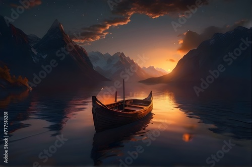 Old wooden boat on lake, beautiful evening sky and mountains. © @Dil