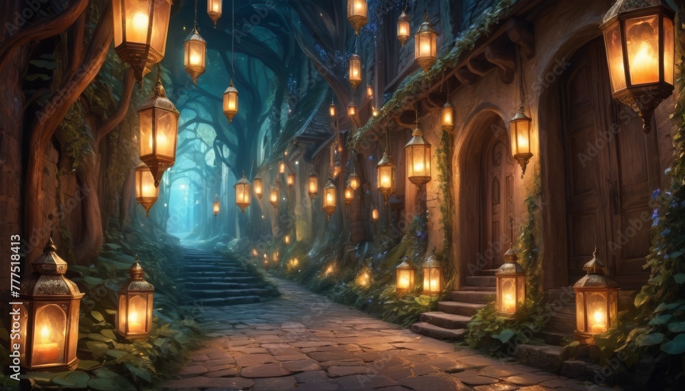 A magical twilight scene in an enchanted forest with illuminated lanterns hanging from twisted trees along a cobblestone path leading to mysterious doorways.. AI Generation