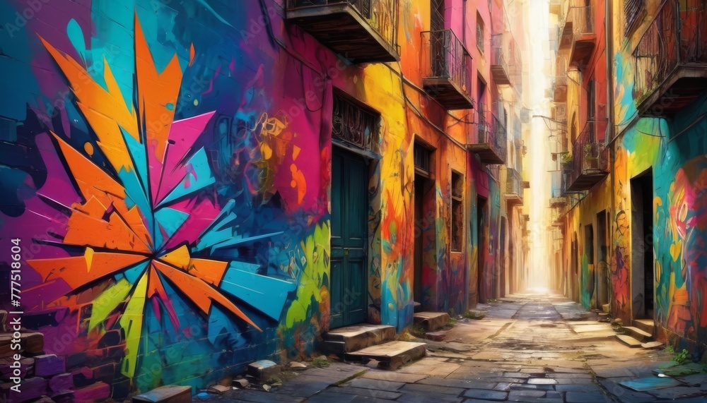 A sunlit alley with vibrant, graffiti art on old buildings, evoking a creative urban atmosphere.. AI Generation