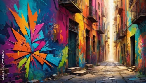 A sunlit alley with vibrant, graffiti art on old buildings, evoking a creative urban atmosphere.. AI Generation