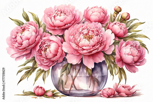 Pink peony Flowers in a vase. Hand drawn watercolor illustration isolated on white background. photo