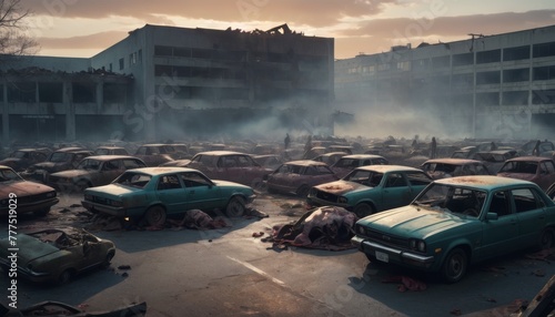 A haunting post-apocalyptic vision, with desolate streets littered with abandoned cars under a somber sky.. AI Generation