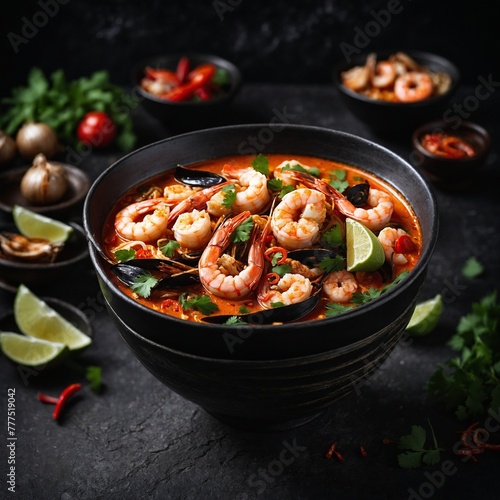 Tom Yum kung Spicy Thai soup with shrimp in a black bowl on a dark stone background, top view, copy space