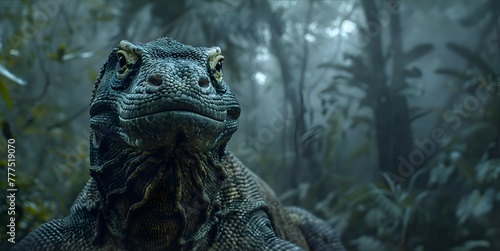 Dramatic shot capturing the powerful gaze of a Komodo dragon  with misty forest background adding to the mystery