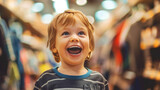 Delighted toddler in a clothing store expressing joy for back-to-school shopping