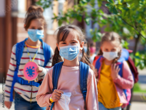 Schoolchildren holding hands and wearing masks walking to school together