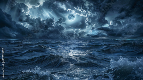 Stormy Seas Under Moonlight with Ghostly Glow and Dramatic Sky