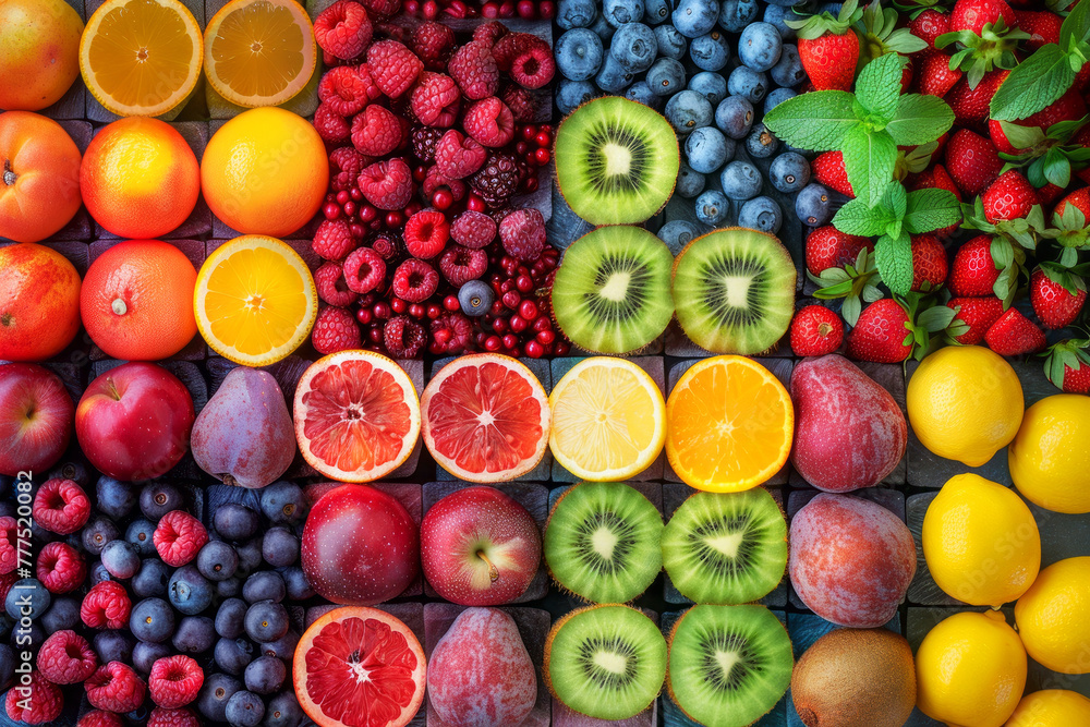 Artistic Arrangement of Colorful Fruits and Vegetables in a Rainbow Pattern Artistic Arrangement of Colorful Fruits and Vegetables in a Rainbow Pattern