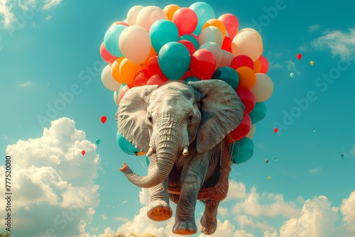 An amusing scene of a smiling elephant, gently lifted by a cluster of vibrant balloons,