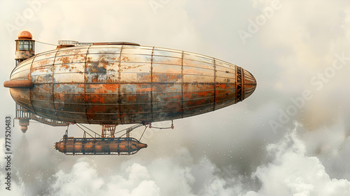 Zeppelin airship with copy space, 3d rendering, Illustrate of a airship, Airship Floating over Blue Sky, clouds, copy space, isolated on white background, Generative Ai