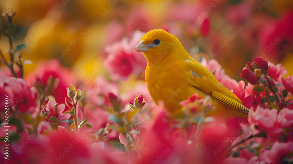 Elegant canary amidst a sea of vibrant blooms, its beauty accentuated by a gentle blur of colors