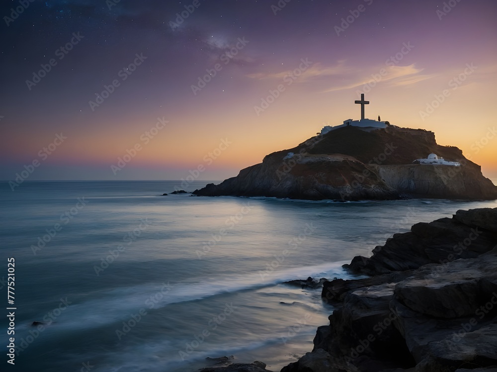 Jesus Tomb And Cross Mountain and ocean sun
