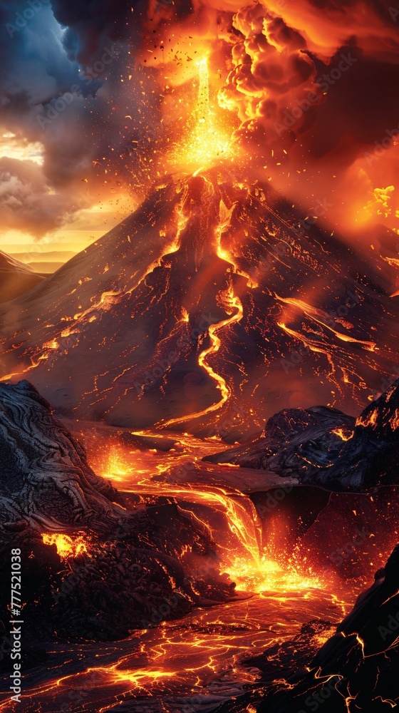 A vibrant depiction of lava flowing its heat radiating intensely as it forges new paths reshaping the earth beneath