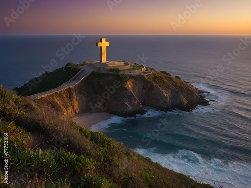 Jesus Tomb And Cross Mountain and ocean blue water 
