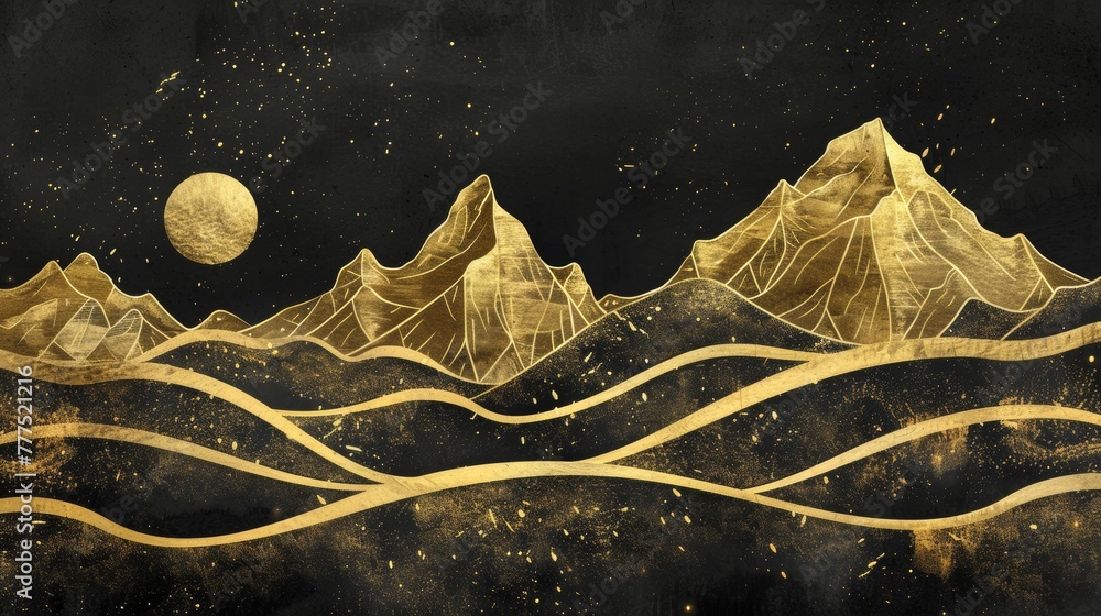 Luxury wallpaper design with gold foil shiny sketch of mountain landscape. Modern illustration of golden mountains art deco isolated on black background. - obrazy, fototapety, plakaty 