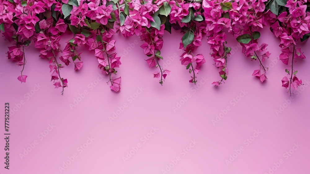 the pink flowering bush overhang from the wall with copy space. the pink flowering bush overhang from the wall with copy space.